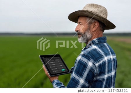 Farmer inspects field using digital tablet device 137458231