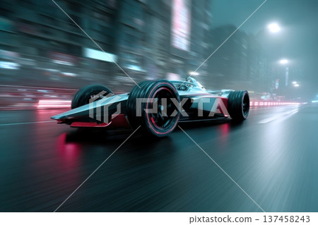 Electric race car speeds through a futuristic city during a night race, showing blur effect and dynamic motion 137458243
