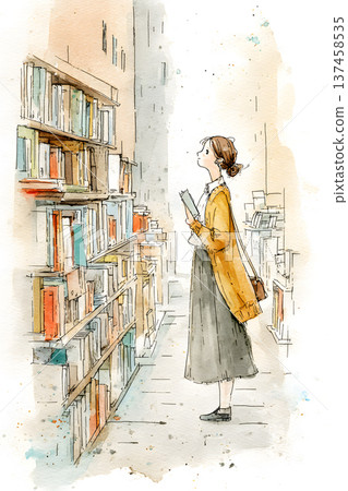 Watercolor library scene, young woman browsing bookshelf, casual reader holding book, long skirt style, warm cardigan mood, soft light atmosphere, quiet study corner Watercolor library scene, young woman browsing bookshelf, casual reader holding book, long skirt style, warm cardigan mood, soft light atmosphere, quiet study corner 137458535