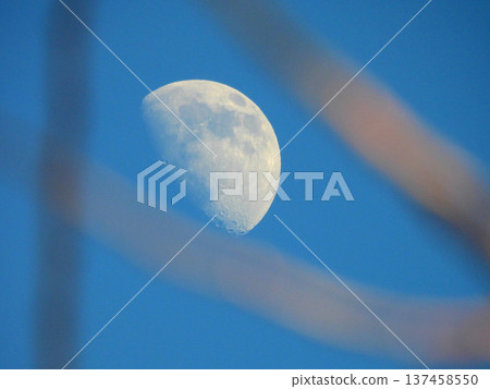 一輪彎月懸掛在冬日傍晚的藍色夜空中。 一輪彎月懸掛在冬日傍晚的藍色夜空中。 137458550