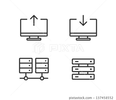 桌面螢幕和伺服器、資料傳輸和接收、網路線路圖示集 桌面螢幕和伺服器、資料傳輸和接收、網路線路圖示集 137458552