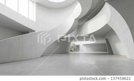 Modern minimalist concrete architecture interior with curved skylight and olive trees in courtyard Modern minimalist concrete architecture interior with curved skylight and olive trees in courtyard 137458622