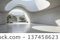 Modern minimalist concrete architecture interior with curved skylight and olive trees in courtyard 137458623