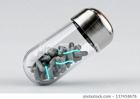 Storage capsule with grey rocks and glowing blue lines 137458676