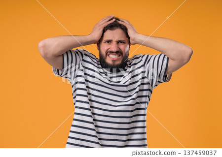 Nervous Pessimistic Man In Stress,Panic,Despair. Frightened Guy Feeling Fear 137459037