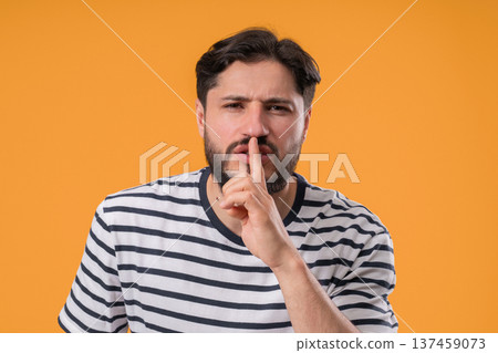 Bearded man with gesture of shhh, secret, silence, conspiracy, quiet, rumor concept. Smiling guy 137459073