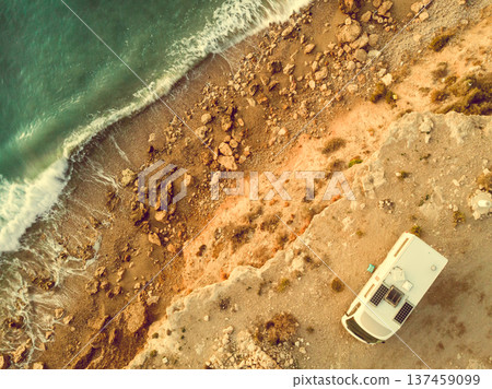 Rv caravan on spanish rocky coast. Aerial view 137459099