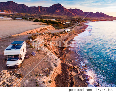 Rv camper on spanish coast. Aerial view 137459100