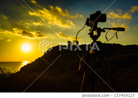 Camera and greek temple of Poseidon, Cape Sounio Camera and greek temple of Poseidon, Cape Sounio 137459123