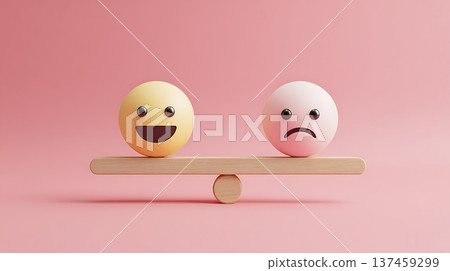 Emotional balance represented by smiling and sad faces on scale 137459299