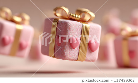 3D rendering of pink gift boxes with golden ribbons and heart decorations, creating whimsical and festive atmosphere 137459302