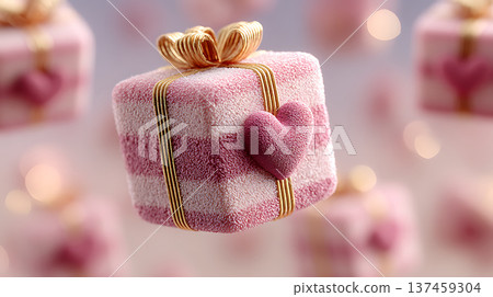 3D rendering of floating gift boxes with pink stripes and golden ribbons, evoking joy and celebration 137459304
