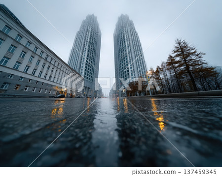 Skyscrapers dominate rainy street view in moscow 137459345