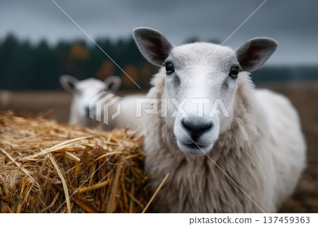 Sheep and hay bale on a farm in the countryside 137459363