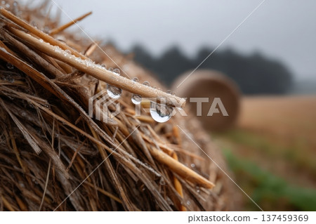 Dew drops on Straw Bale in Morning light Dew drops on Straw Bale in Morning light 137459369