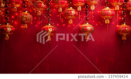 Festive Chinese New Year backdrop with red lanterns and lights 137459414