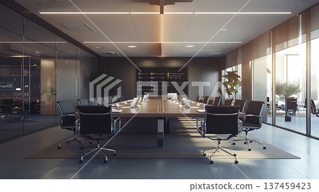 Modern meeting room with large table, chairs, and glass walls Modern meeting room with large table, chairs, and glass walls 137459423