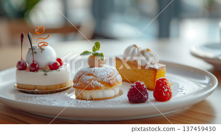 Delightful dessert still life featuring assorted pastries with seasonal fruits 137459430