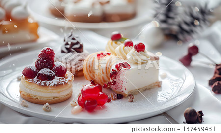 Delicious assorted pastries on white plate, featuring seasonal fruits and cream Delicious assorted pastries on white plate, featuring seasonal fruits and cream 137459431