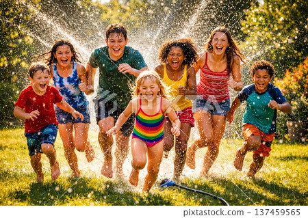 Children Running Through Sprinkler, Sunlit Park Scene With Colorful Swimsuits, Droplets Sparkling In Backlight, Energetic Play, Joyful Laughter And Summer Warmth Captured Candidly 137459565