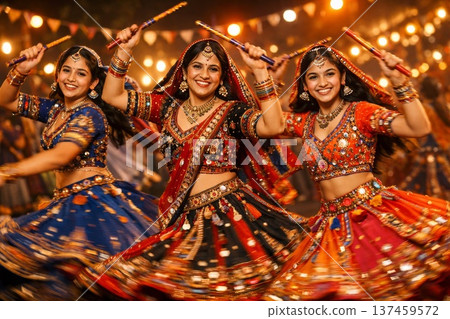 South Asian Women Dancing With Enthusiasm Under Decorative Festive Lights. Dynamic Scene Of Women Twirling In Elaborate Lehengas During Lively Cultural Festival 137459572