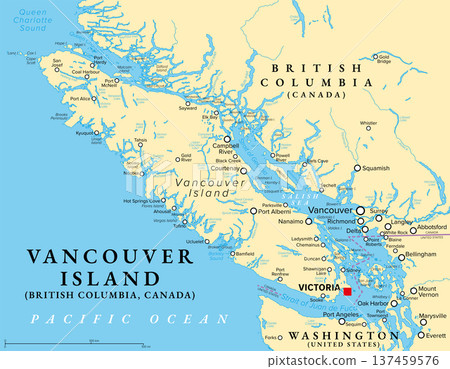Vancouver Island, Canada, political map, with Victoria, capital of British Columbia. Island in the northeastern Pacific Ocean, east of Greater Vancouver, and north of the state of Washington. Vector 137459576