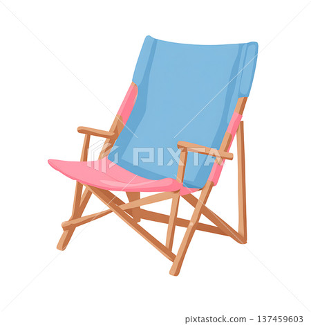 Blue and pink folding beach chair with wooden frame 137459603