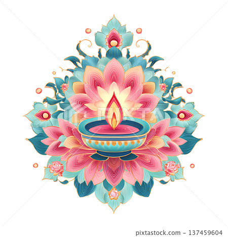 Colorful lotus diya with glowing flame and serene floral glow 137459604