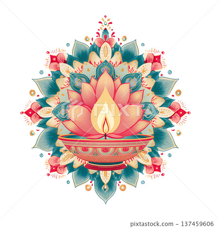 Colorful lotus diya mandala with warm glowing flame Colorful lotus diya mandala with warm glowing flame 137459606