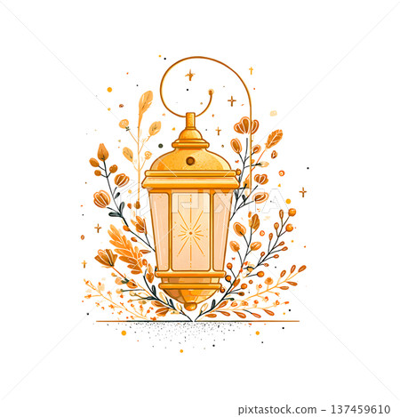 Gold ornamental lantern with floral accents glowing warmly Gold ornamental lantern with floral accents glowing warmly 137459610