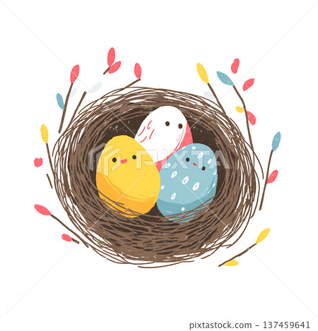 Cute colorful Easter eggs with smiling faces in nest 137459641