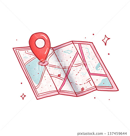Map pin on folded map showing route and emotion Map pin on folded map showing route and emotion 137459644