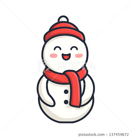 Happy snowman with red scarf and hat, cheerful winter character 137459672