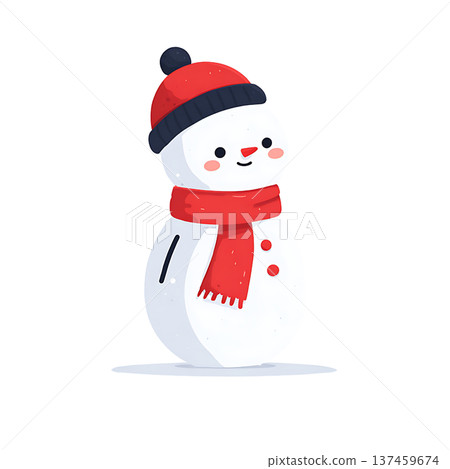 Cute snowman wearing red scarf and knit hat smiling warmly 137459674