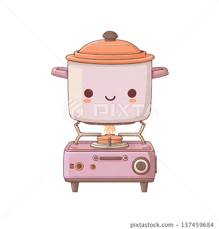 Cute pink cooking pot on stove smiling warmly Cute pink cooking pot on stove smiling warmly 137459684