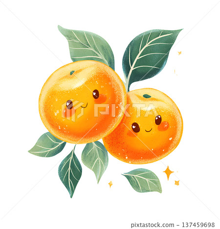 Cute smiling orange fruit with leaves, cheerful citrus 137459698