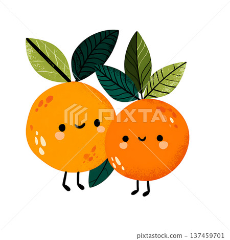 Cute smiling orange fruit couple with leaf cheer 137459701