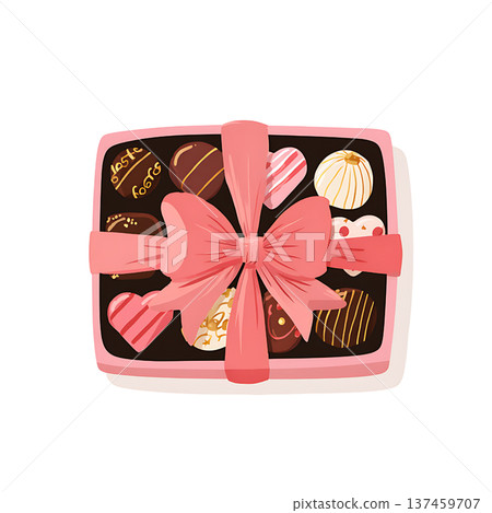 Pink ribbon chocolate box with assorted truffle heart sweets 137459707