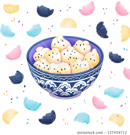 Bowl of sweet sesame buns, festive pastel sprinkling Bowl of sweet sesame buns, festive pastel sprinkling 137459712