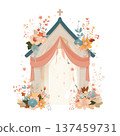 Church arch with drape and floral bouquet, gentle pastel 137459731