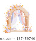 Romantic floral arch with draped fabric and daisies 137459740