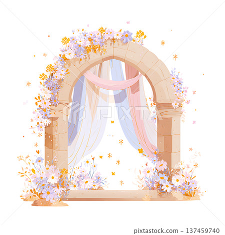 Romantic floral arch with draped fabric and daisies Romantic floral arch with draped fabric and daisies 137459740