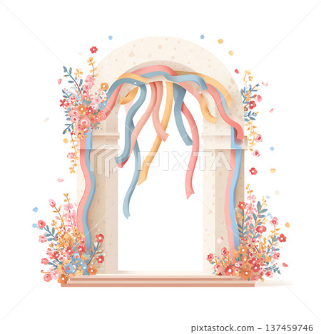 Archway decorated with pastel ribbons and floral garland, joyful 137459746