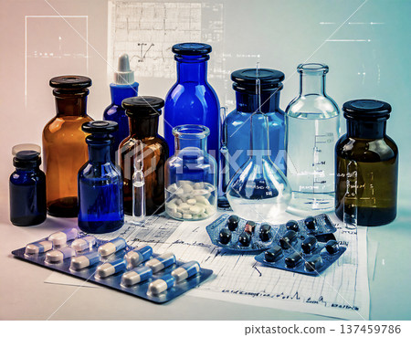 靜物：各種藥瓶和膠囊。背景：藥物發現研究、臨床試驗、生物技術、醫學資料。 137459786