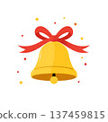 Golden bell with red ribbon and festive confetti 137459815
