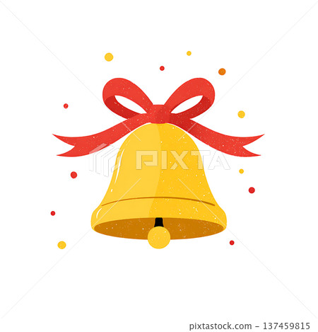 Golden bell with red ribbon and festive confetti 137459815