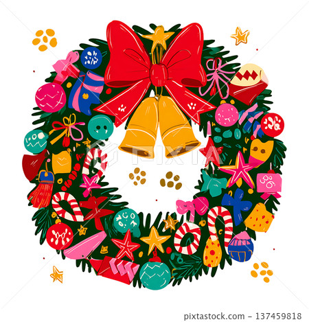 Festive wreath with bells and bow, joyful holiday decoration 137459818