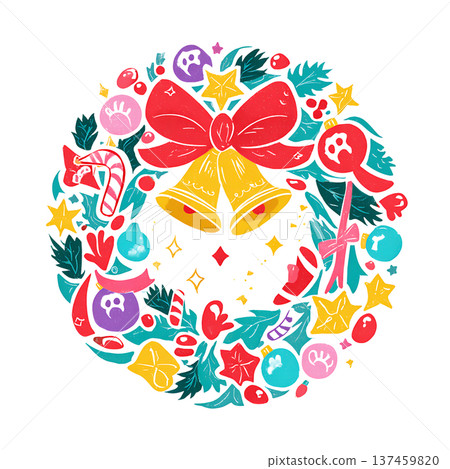 Festive wreath with bells and bow joyful Festive wreath with bells and bow joyful 137459820