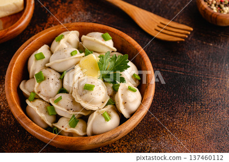 Homemade meat dumplings - russian pelmeni. Homemade meat dumplings - russian pelmeni. 137460112