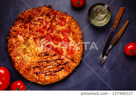 Pizza with different toppings - pepperoni, cheese, margarita, barbecue 137460127